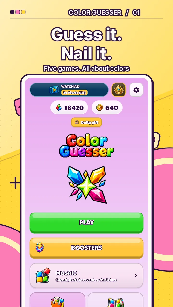 Home screen — pick a game mode: mixing, sniper, ranking and the daily challenge