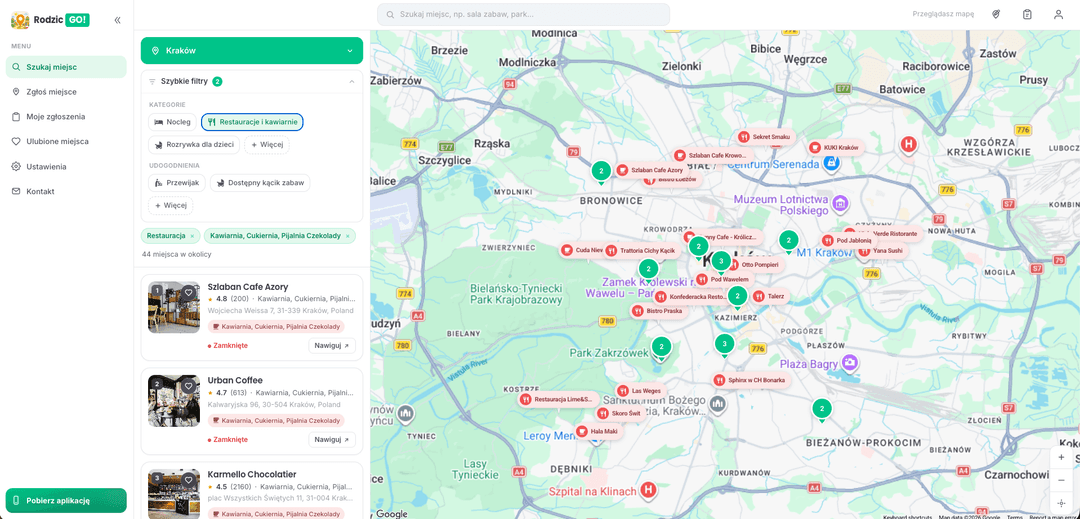 Map of kid-friendly places in Kraków with a filter panel