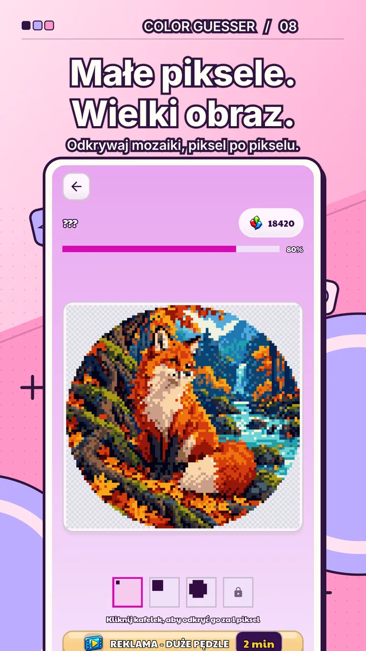 Mozaiki pixel-art odsłaniane za zdobyte Piksele