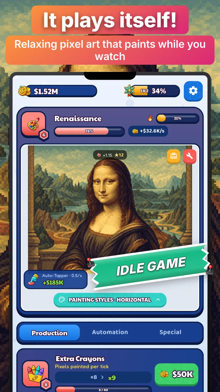 Main game screen — a pixel art picture painting itself in the background