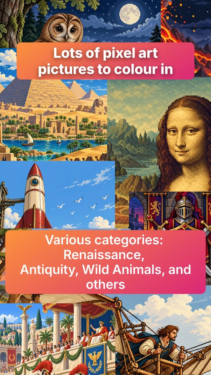 Dozens of pixel art pictures to color across many categories: Renaissance, Antiquity, Wild Animals and more