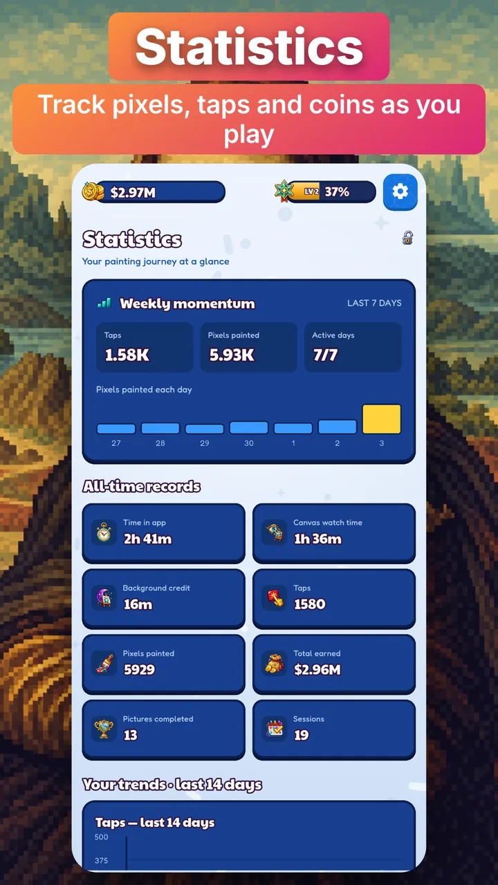 Stats: painted pixels, taps and coins earned