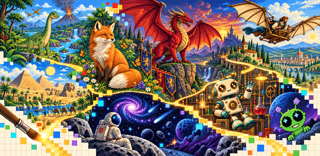 Pixel art themes to unlock: dinosaurs, ancient Egypt, a forest fox, a dragon and castle, an airship, a robot, space and an alien