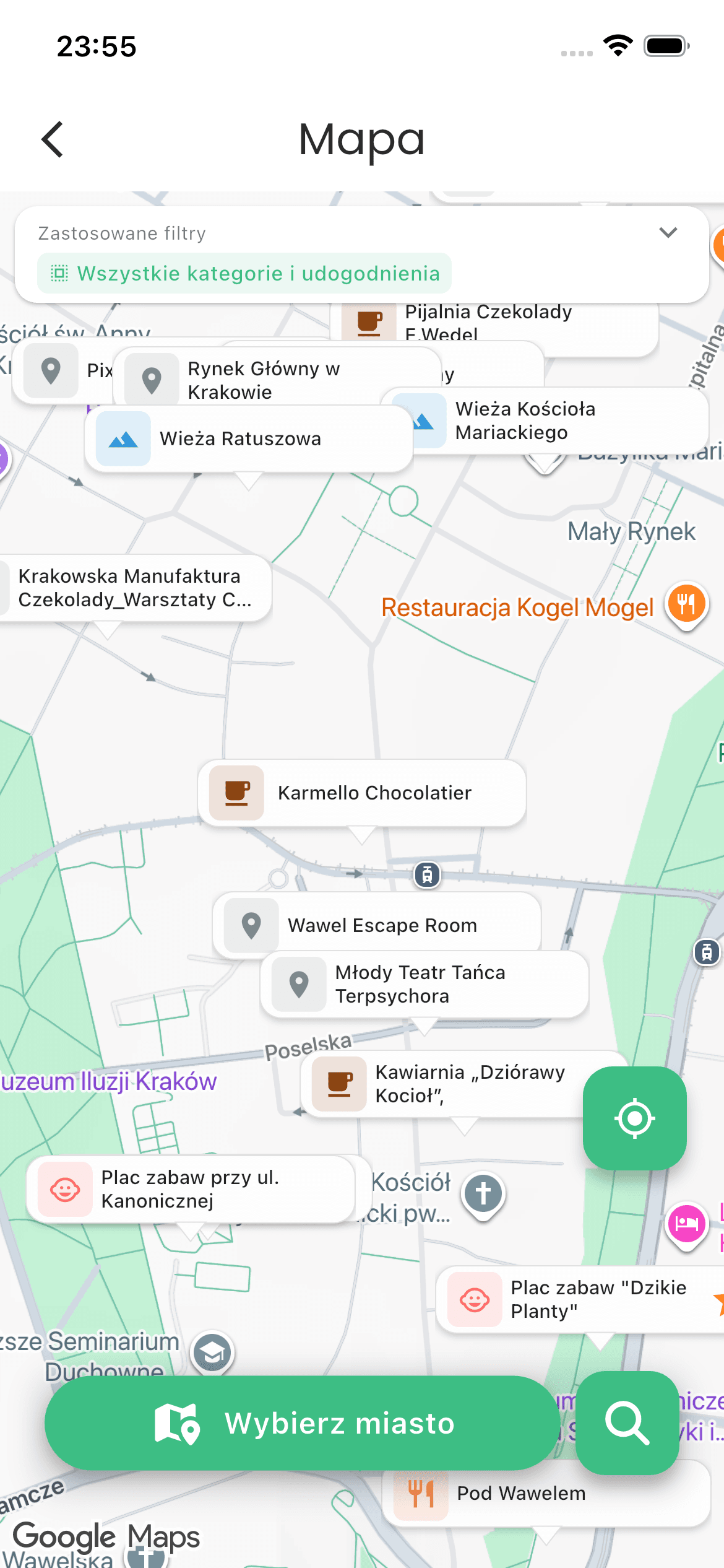 Searching kid-friendly places in the Rodzic GO app