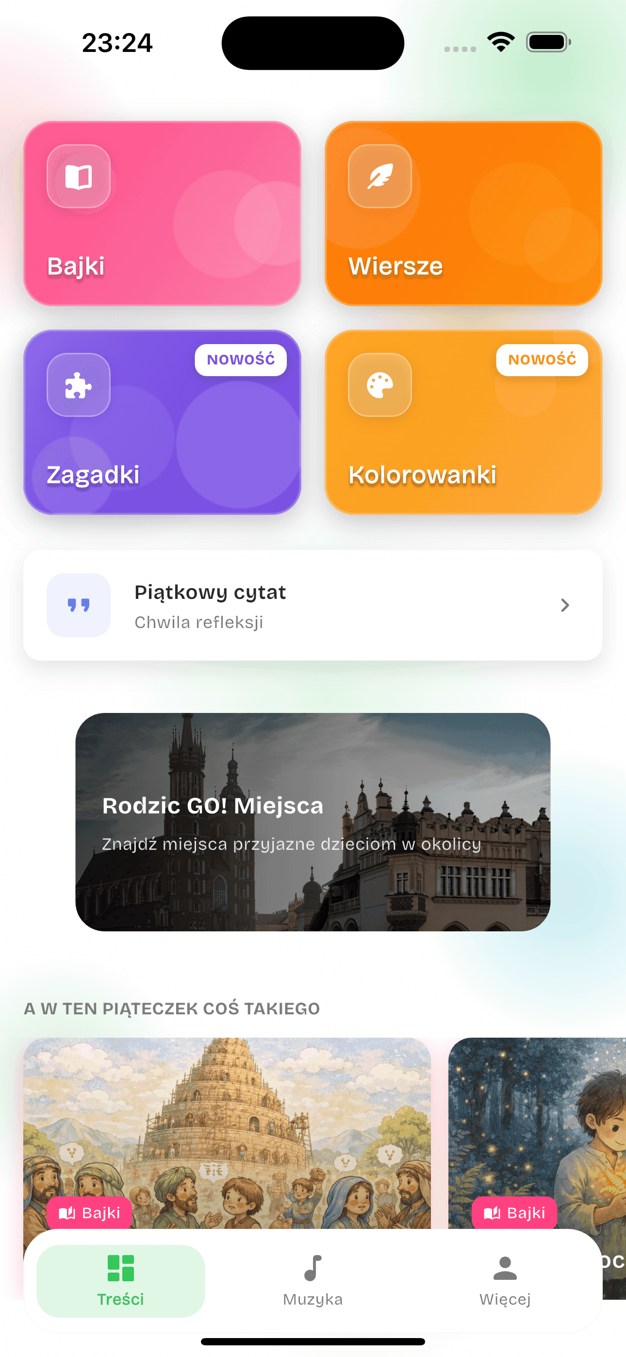 Rodzinnik home screen with content categories: stories, poems, riddles and coloring pages